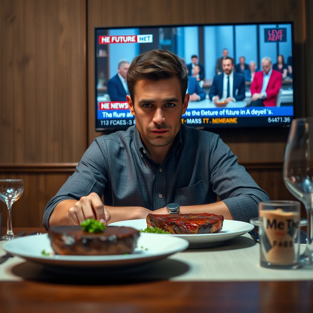 A person sitting at a dinner table with a plate of steak and a worried expression. The background should feature a news report on a screen showing a debate on the future of meat consumption. The image should convey a sense of uncertainty and concern.