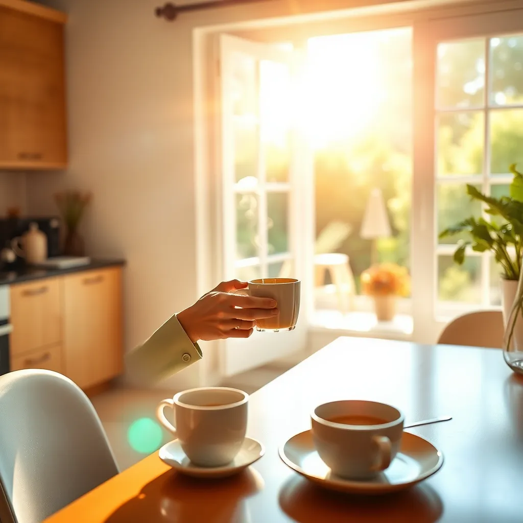 A person sitting at a table, enjoying a cup of coffee in the morning sunlight. The coffee should be steaming and fragrant, and the person should be dressed in casual clothing. The image should depict a calm and relaxing scene, highlighting the enjoyable aspect of the coffee ritual. The background should be a bright, sunny kitchen, with a window overlooking a lush garden.