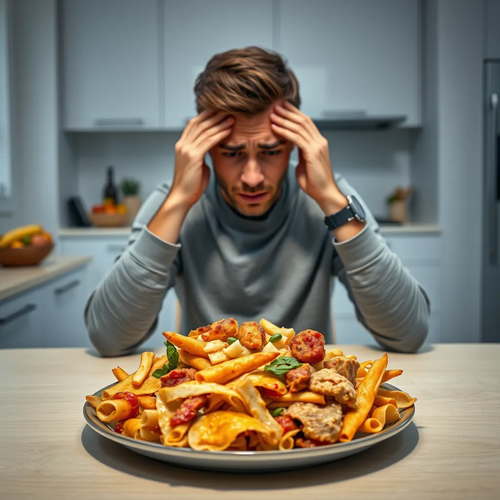 A person sitting at a table with a plate of unhealthy, processed food in front of them, looking distressed and conflicted. The background is a minimalist kitchen with a bowl of fresh fruit on the counter. The image should convey the internal struggle between craving unhealthy food and wanting to maintain a healthy plant-based diet.