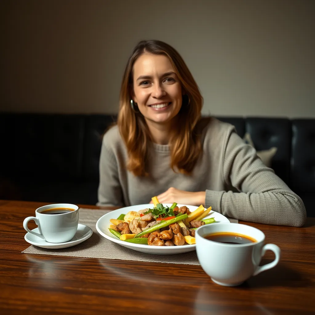 A person sitting at a table with a plate of healthy food, looking satisfied and calm. A cup of coffee is placed beside the plate. The image should convey a sense of control and satisfaction, highlighting the appetite-suppressing effect of coffee.