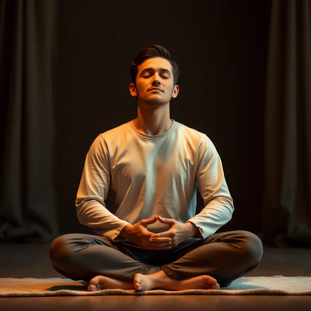 A person sitting in a serene setting, eyes closed, with a mindful expression, listening to their internal body signals. The image should evoke a sense of self-awareness and connection to the body's needs.