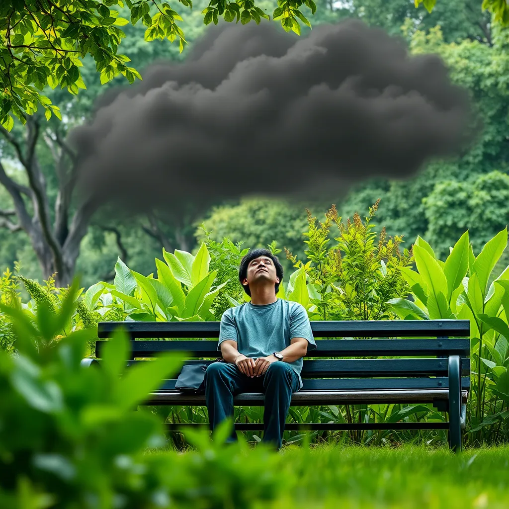 A person sitting on a park bench, surrounded by beautiful green foliage, staring blankly at the sky. The person appears tired and melancholic, with a dark cloud of fatigue and low energy hovering above their head, while vibrant plant imagery surrounds them, representing the vegan lifestyle.