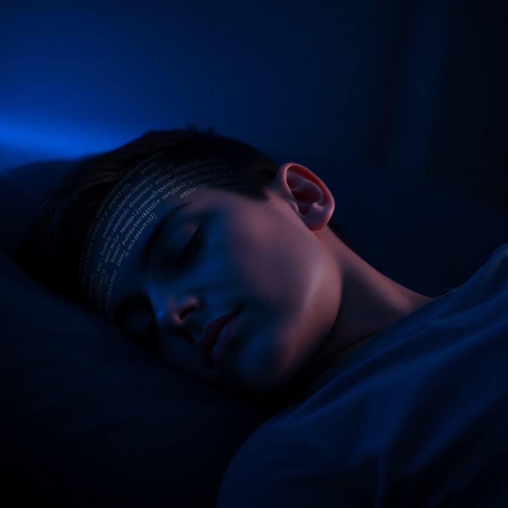 A person sleeping peacefully with code syntax and algorithms subtly projected onto their forehead. The background is a dark room illuminated by a soft blue light emanating from the projection. The style is a blend of realism and digital art, emphasizing the connection between sleep and coding skill enhancement.