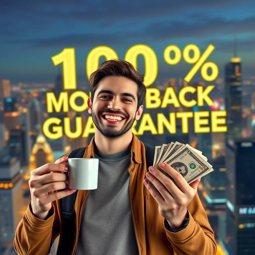 A person smiling confidently, holding a cup of coffee in one hand and a stack of money in the other. In the background, a vibrant cityscape with a large, glowing '100% Money Back Guarantee' sign.