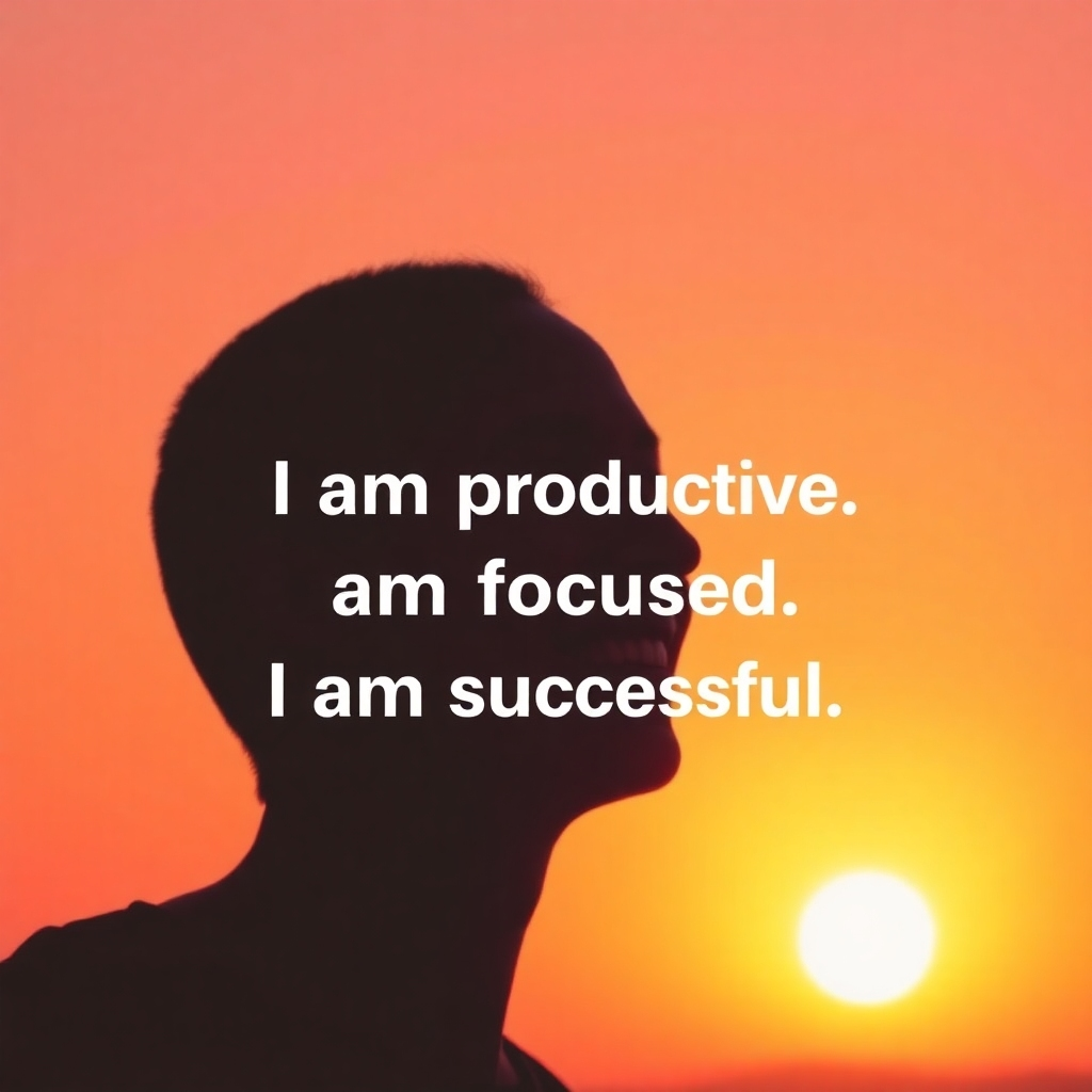 A person smiling serenely, silhouetted against a sunrise. Text overlays the image: 'I am productive. I am focused. I am successful.' The color palette is warm and inviting, with oranges, pinks, and yellows dominating. The style is minimalist and inspiring.