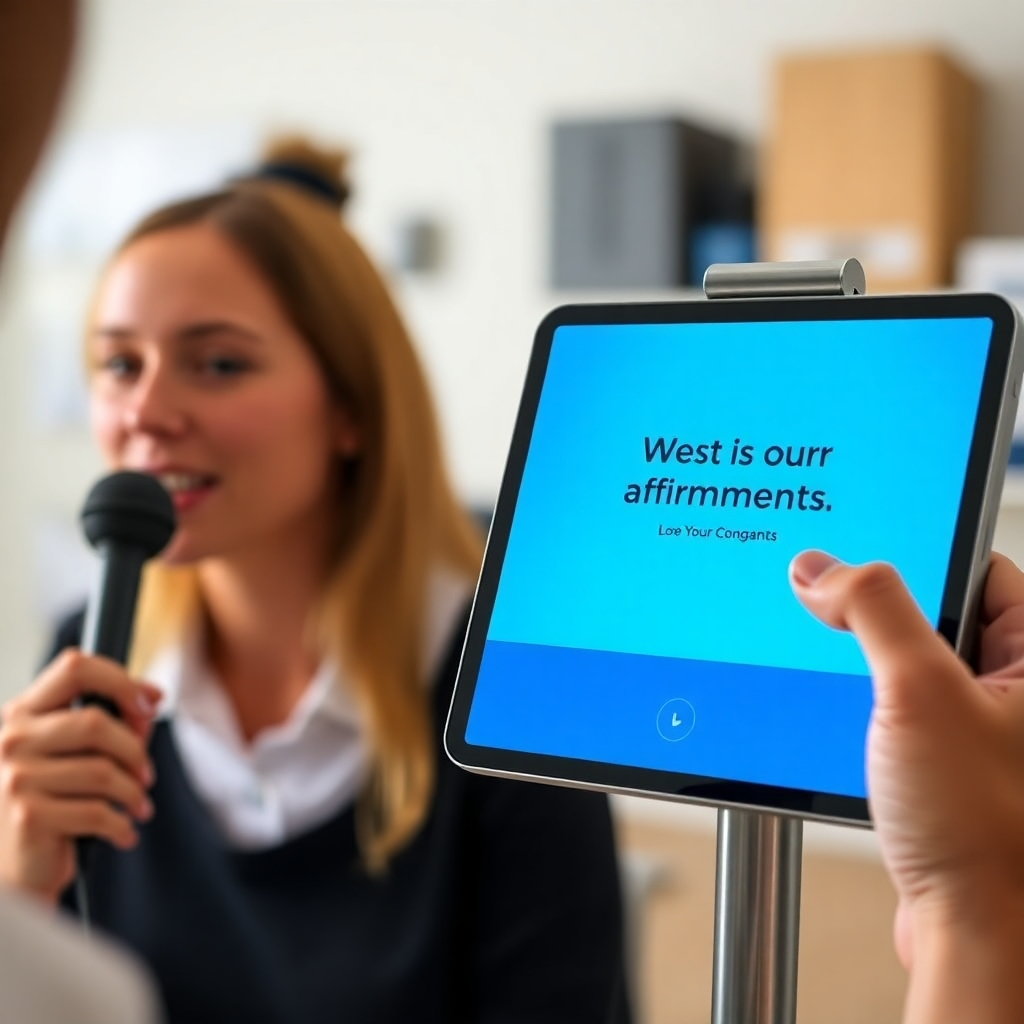 A person speaking into a smart device, which displays a personalized affirmation on its screen. The background features a clean and organized workspace. Style: Modern, tech-savvy, and convenient.