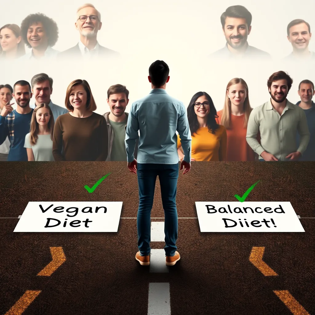 A person standing at a crossroads with two paths: one labeled 'Vegan Diet' with a question mark and the other labeled 'Balanced Diet' with a green checkmark. The background shows different people with varying expressions, representing the diverse impacts of dietary choices on mental health.