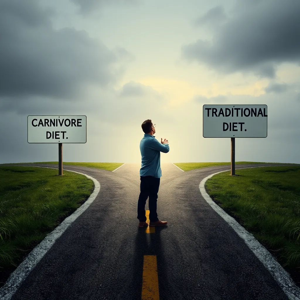 A person standing at a crossroads, with one path labeled 'Carnivore Diet' with a healthy-looking person standing at the end, and the other path labeled 'Traditional Diet' with a person looking less healthy standing at the end. The person at the crossroads is looking confused and unsure of which path to take