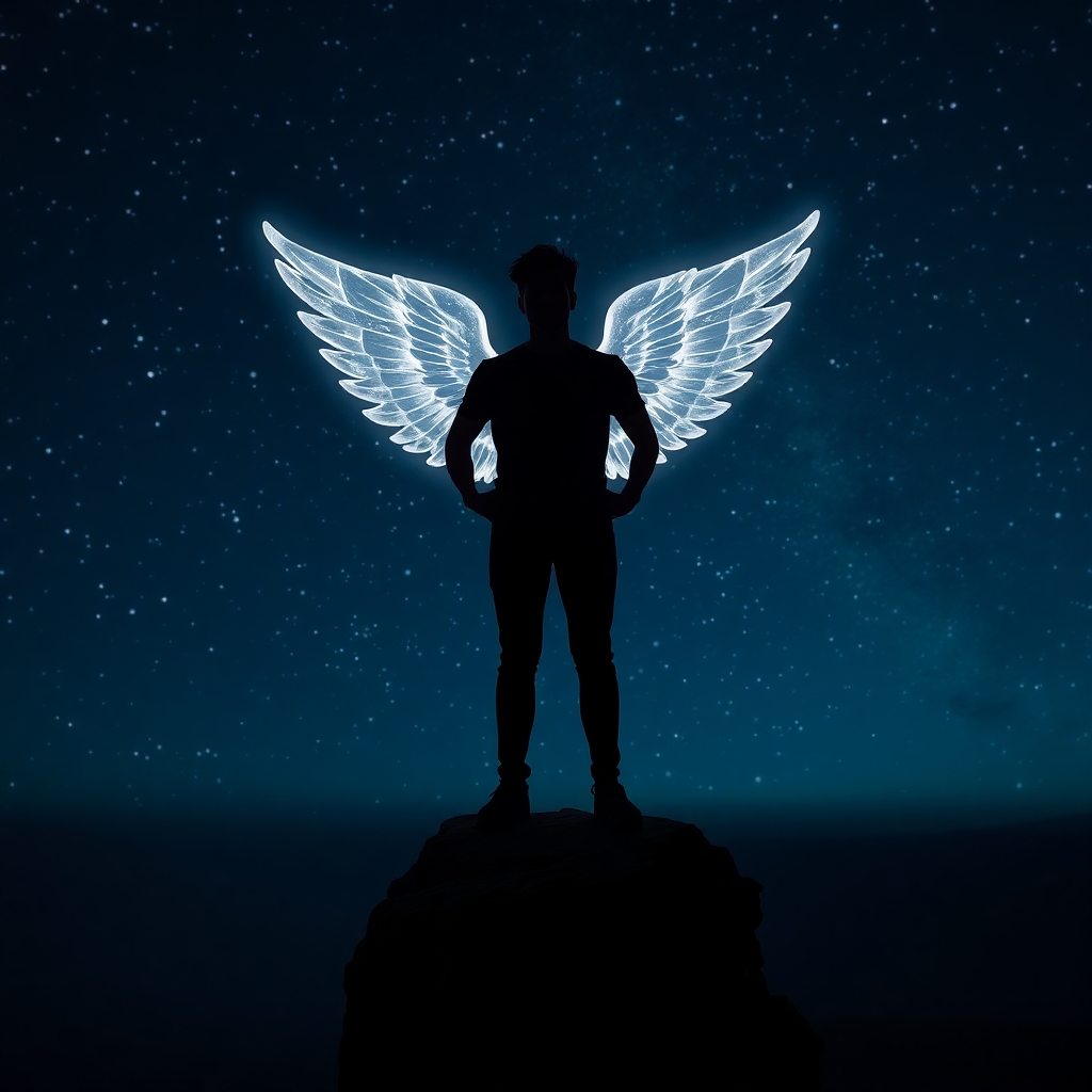 A person standing confidently at the edge of a cliff overlooking a vast, starlit sky. The person's silhouette is illuminated by a soft, ethereal glow. Behind them, a pair of wings made of pure light are beginning to emerge. The overall scene creates a sense of power and freedom. Color palette: dark blues and purples with accents of white and gold. Camera angle: wide shot, capturing the person, the cliff, and the sky. Style references: inspirational and aspirational. Technical Specs: 4K, depth of field.