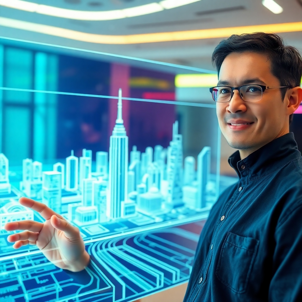 A person standing in front of a holographic blueprint of a futuristic city. The blueprint responds to their touch, allowing them to make changes and additions. The person's expression is one of confidence and creativity. The background is a bright, modern environment. Color palette: vibrant blues and greens with accents of neon colors. Camera angle: medium shot, focusing on the person and the blueprint. Style references: futuristic and innovative. Technical specs: 4K, sharp focus.