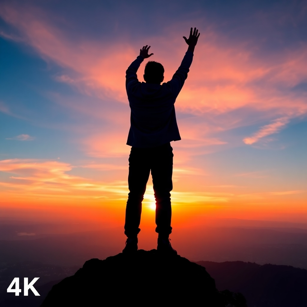 A person standing on a mountaintop, silhouetted against a vibrant sunrise. They are reaching towards the sky, embracing their full potential. The background is a panoramic view of the world below. Color palette: vibrant colors, blues, and oranges. Style: inspiring, empowering. Technical specs: 4K, high quality.