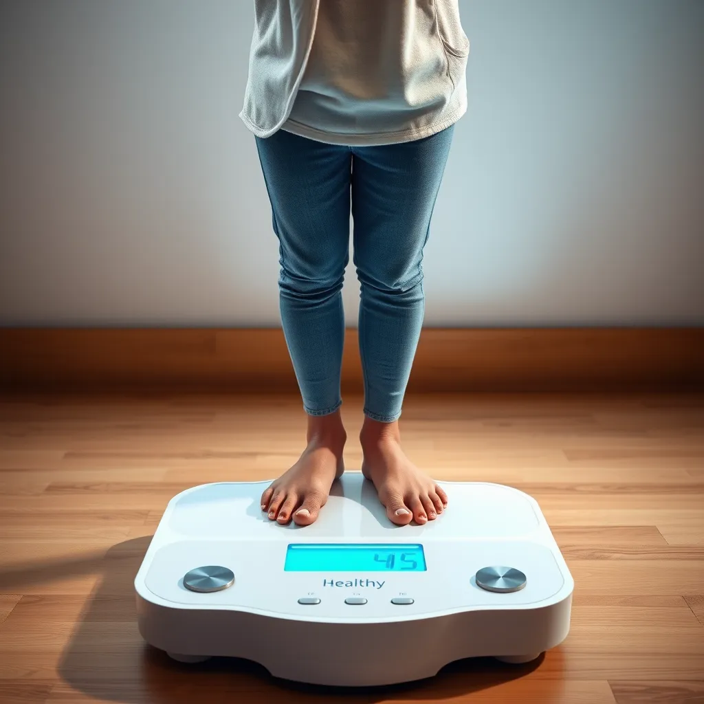 A person standing on a scale, wearing comfortable clothes, looking happy and confident, with a digital display showing a healthy weight, highlighting the potential benefits of a controlled diet.