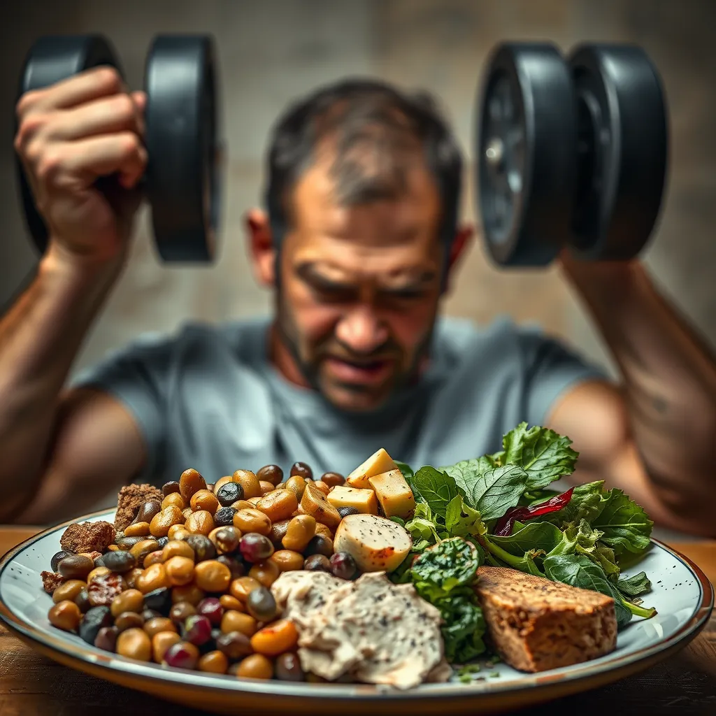 A person struggling to lift a heavy weight, looking fatigued and strained. In the background, a plate of plant-based foods with a visible lack of protein-rich sources like beans, lentils, and tofu. The image should convey a sense of effort and difficulty, highlighting the struggle with protein deficiency.
