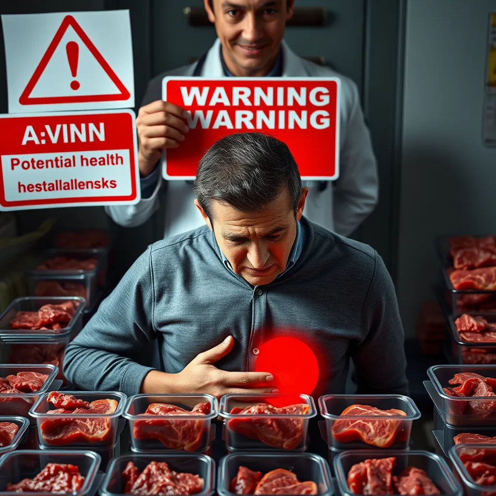 A person struggling with a stomach ache, surrounded by empty containers of red meat.  A doctor is standing behind them, pointing to a large red sign that says 'WARNING: Potential Health Risks,' highlighting the possible dangers of an overly restrictive diet.