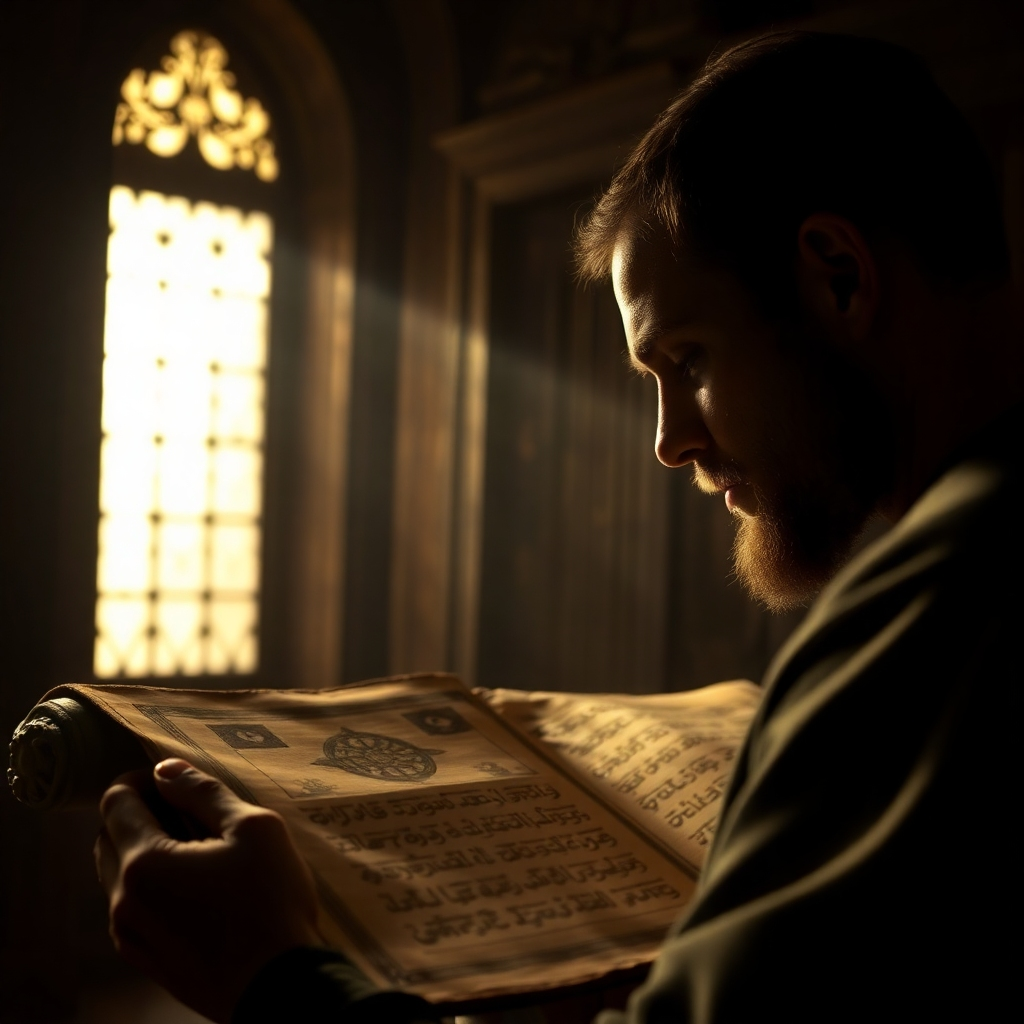 A person studying an ancient scroll or tablet in a dimly lit library. The scroll contains sacred symbols and geometric patterns. Light streams in through a window, illuminating the scroll and the person's face. The atmosphere is one of quiet contemplation and reverence. Color palette: warm, muted colors with accents of gold and brown. Camera angle: medium shot, focusing on the scroll and the person's face. Style references: classical and historical. Technical specs: 4K, soft lighting.