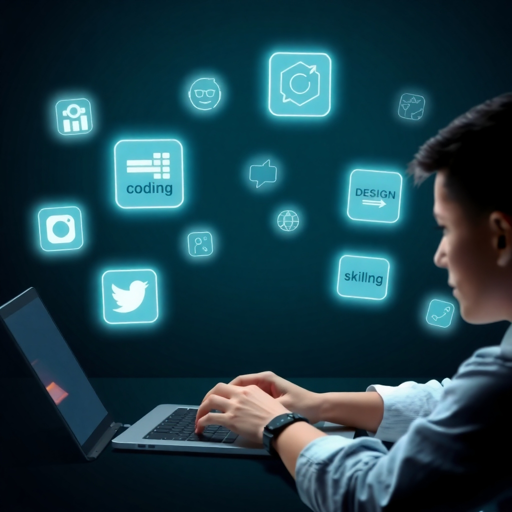 A person typing on a laptop, surrounded by floating icons representing different skills (coding, design, communication). Each icon subtly glows with a personalized affirmation. Style: Futuristic, tech-inspired.