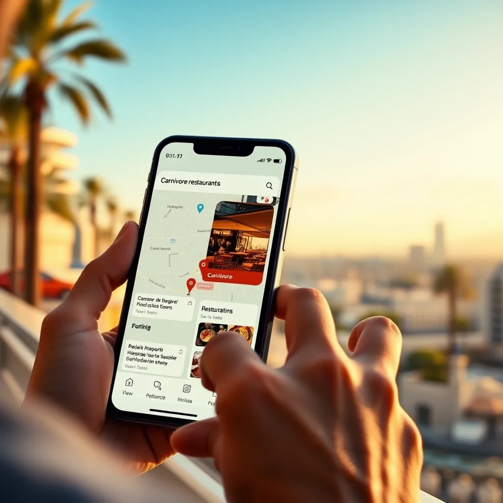 A person using a smartphone to search for 'carnivore restaurants' near their hotel, with a map showing various restaurants with the 'carnivore' tag. The phone screen should be brightly lit, and the background should be a beautiful cityscape with palm trees and sunny weather.