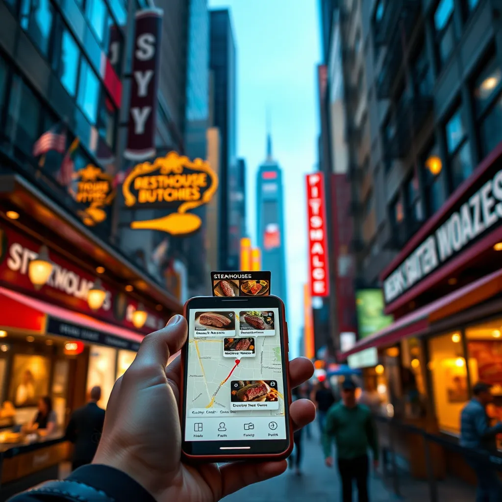 A person using a smartphone to research restaurants, with a map showing several nearby steakhouses and butcher shops, in a vibrant, bustling city setting.
