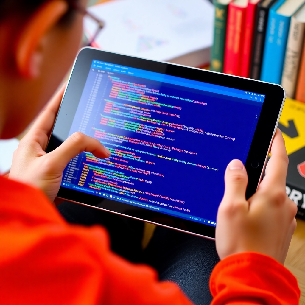 A person using a tablet to learn a new coding language. The tablet screen is vibrant and displays lines of code. The background includes books and other learning materials. The color palette is energetic and motivating, with reds, yellows, and oranges.
