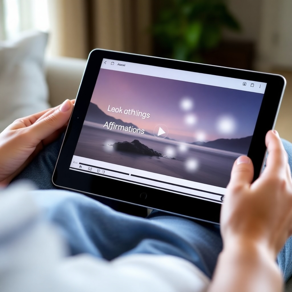 A person watching a relaxing video on a tablet, with subtle images and affirmations flashing across the screen. The scene is comfortable and inviting, suggesting a seamless integration of learning and relaxation.