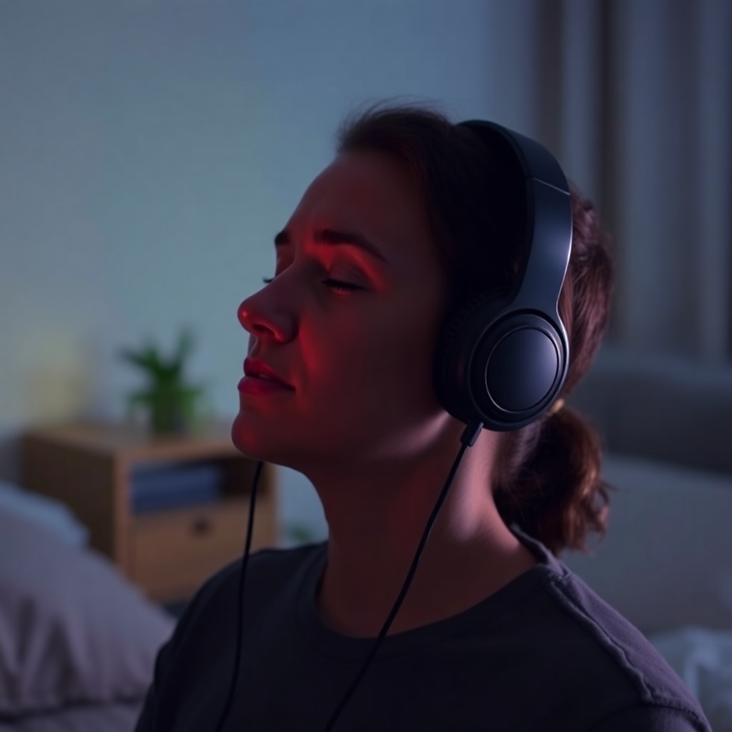A person wearing headphones, eyes closed, immersed in a guided mental imagery session. The room is dimly lit with calming colors. Style: Relaxing and immersive.