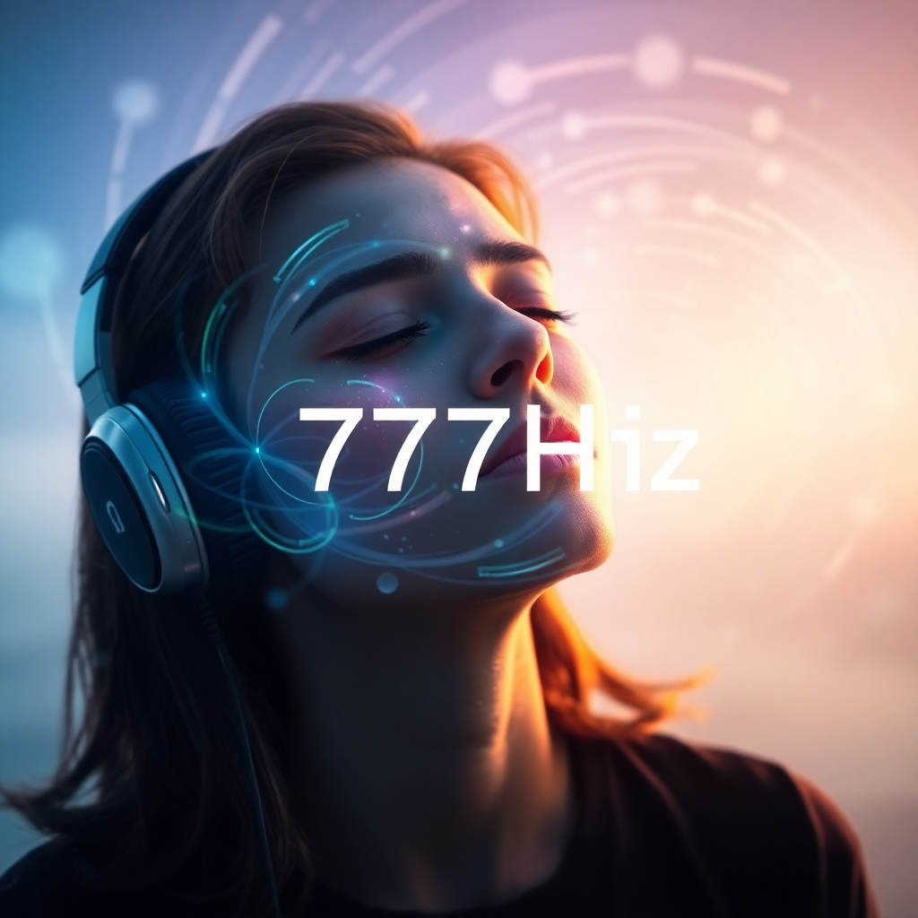 A person wearing headphones, eyes closed, and immersed in a calming, ethereal environment. Swirling patterns of light and color represent the 777Hz frequency. The image should convey a sense of peace, relaxation, and inner healing. Stylized, with a focus on creating a soothing and immersive atmosphere. 4K resolution.