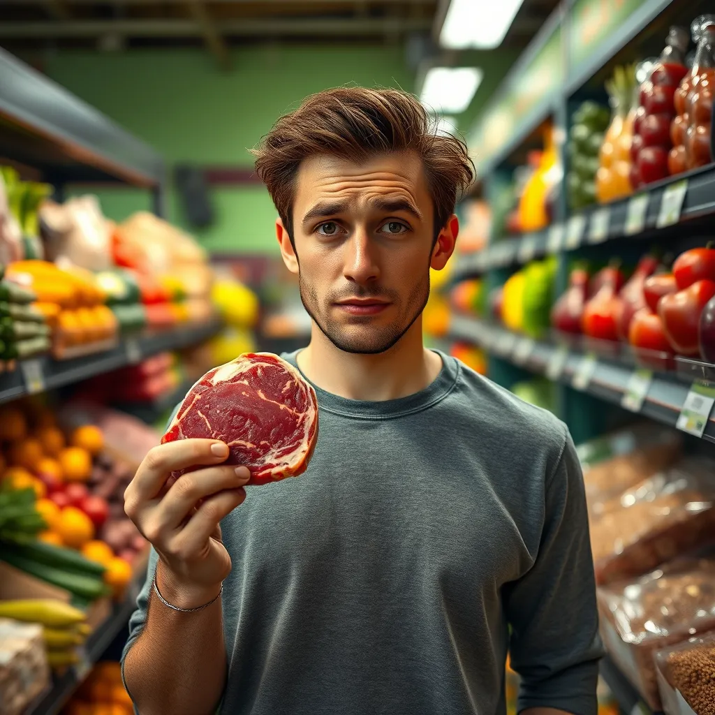 A person with a confused expression, standing in front of a grocery store aisle filled with colorful fruits, vegetables, and grains. The person is holding a piece of red meat in one hand, looking hesitant and conflicted about the restrictive nature of the carnivore diet.