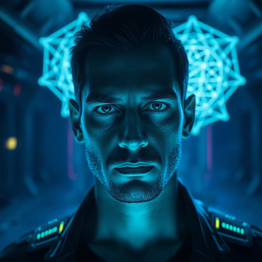 A person with a determined expression, bathed in the glow of a holographic display. The display is filled with complex code and sacred geometric symbols that seem to respond to the person's thoughts. The background is a dark, futuristic environment. Lighting is focused and intense, highlighting the person's face and the display. Color palette is primarily blues and greens with accents of neon colors. Camera angle: medium shot, focusing on the person and the display. Style references: Cyberpunk meets Mysticism. Technical specs: 4K, high contrast.