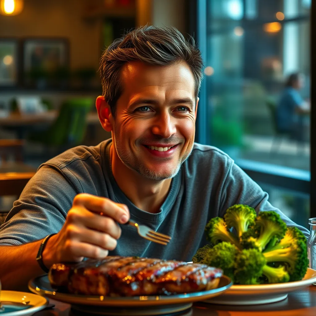 A person with a healthy, glowing complexion, sitting at a table and enjoying a meal of grilled steak and a side of broccoli. The person is surrounded by a warm and inviting setting, suggesting a sense of well-being and improved health.