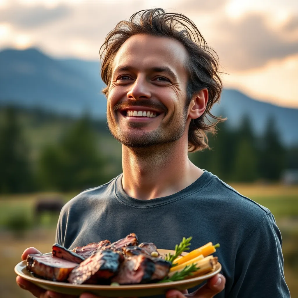 A person with a radiant, healthy complexion, radiating energy and vitality, standing in a serene natural setting with a picturesque mountain range in the background, holding a plate of grilled meat and vegetables, representing the rejuvenating power of the carnivore diet