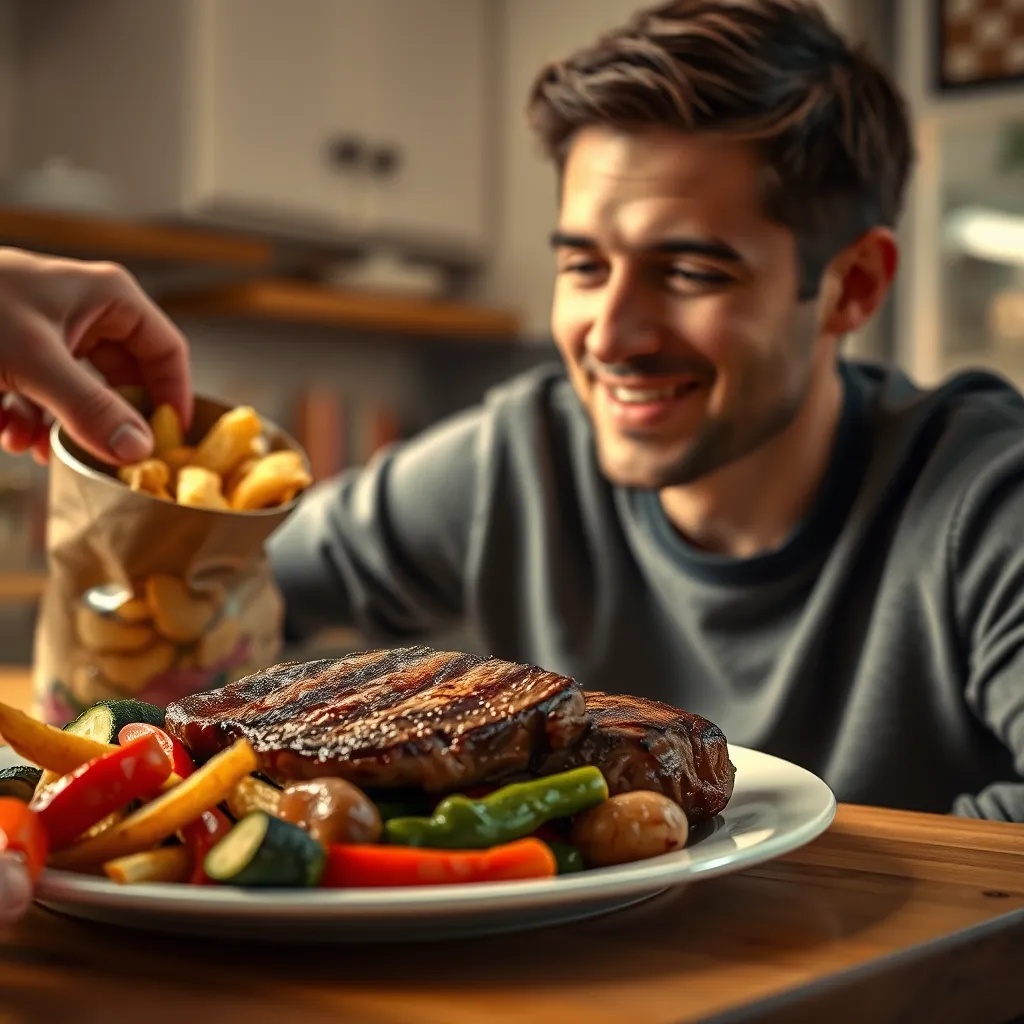 A person with a satisfied expression, looking at a plate of grilled steak and vegetables, while a hand reaches for a bag of chips in the background, but the person is ignoring it. The scene is set in a kitchen with warm lighting, emphasizing the healthy choice being made.