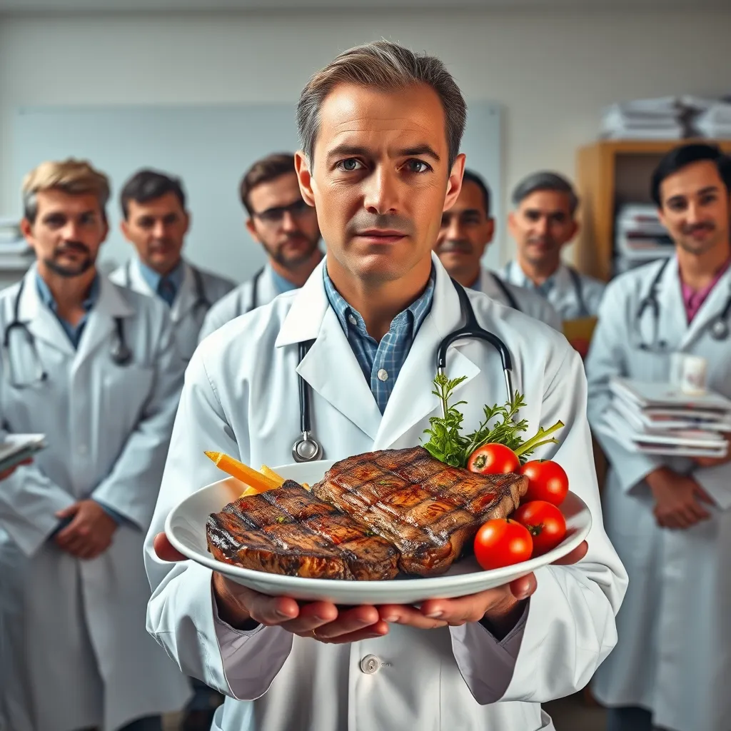A person with a vibrant, healthy complexion is holding a plate of steak and vegetables. They are standing in front of a group of doctors in white coats looking concerned. The doctors are surrounded by stacks of medical journals and pill bottles, symbolizing the traditional medical establishment.
