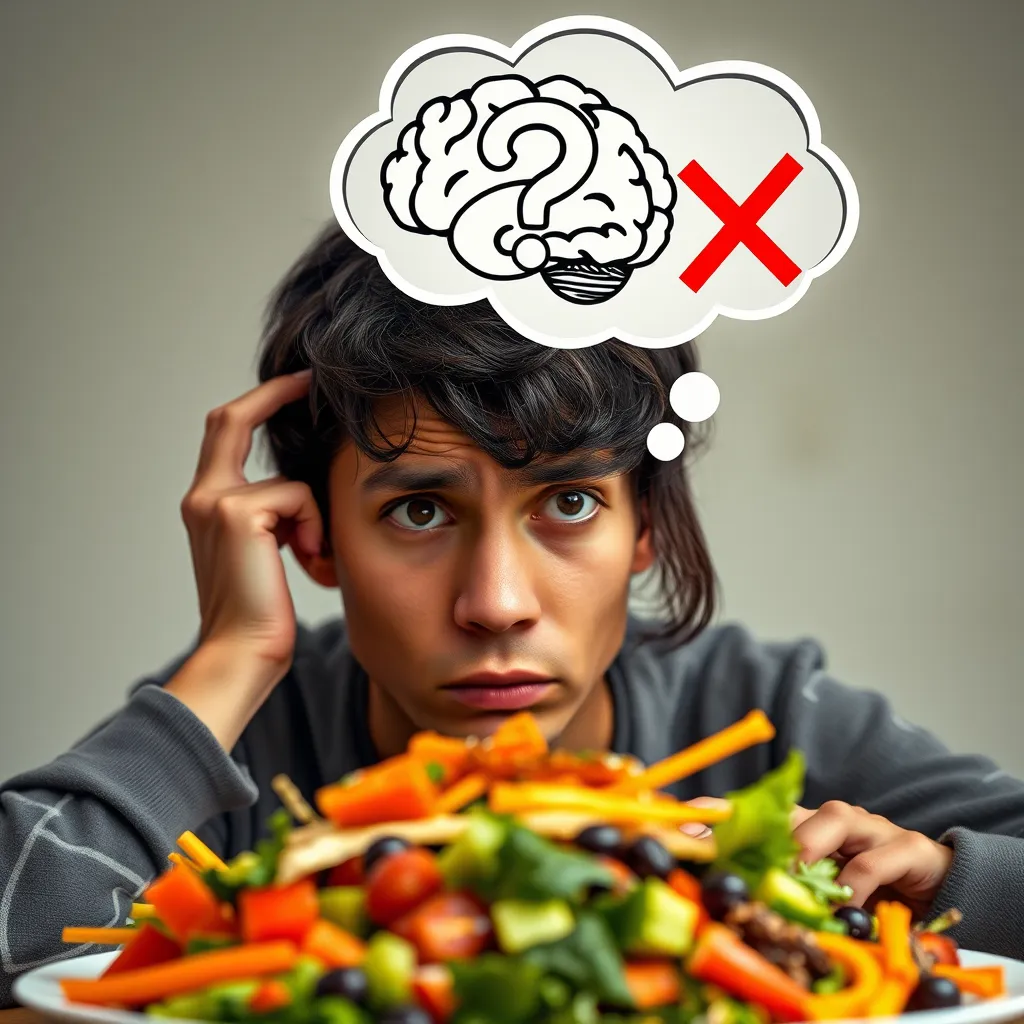 A person with a worried expression looking at a plate of vegan food, with a thought bubble above their head depicting a brain with a question mark and a red 'x' through it, symbolizing nutrient deficiencies and mental health concerns.
