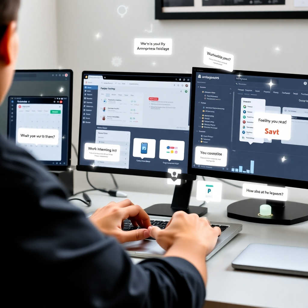 A person working on a laptop with multiple screens displaying various productivity tools, like a calendar, task manager, and communication platform. Overlay subtle, animated affirmations and frequencies around the workspace. Style: Modern, clean, and tech-focused.