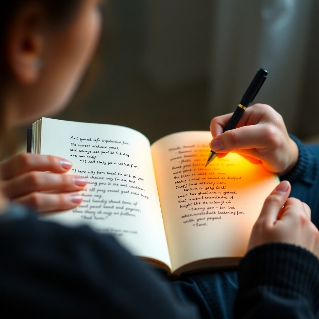 A person writing affirmations in a journal with a thoughtful expression. The journal is glowing subtly, suggesting the power of positive thought. Style: Warm, inviting, and personal.