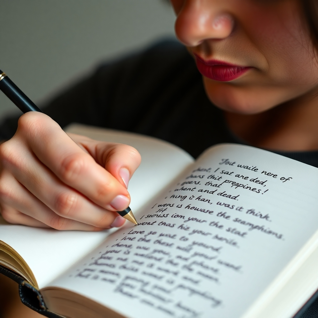 A person writing in a journal with a pen. The journal is open to a page filled with handwritten affirmations. The person's face is partially visible, showing an expression of focus and determination. Style: Intimate and personal. Technical specs: High-resolution, close-up shot.