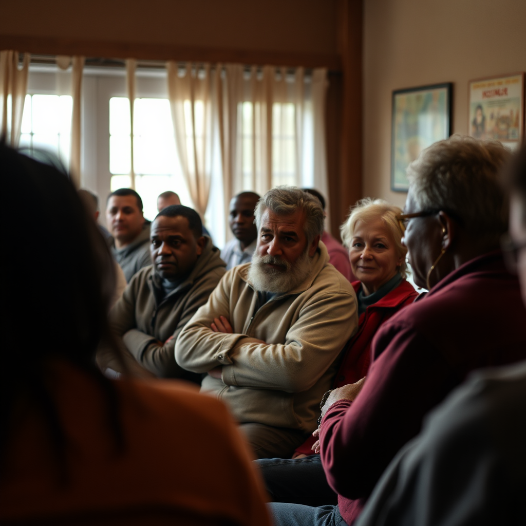 A photograph capturing a community meeting in Norfolk, where residents are discussing the impact of the cannabis crackdown. Focus on facial expressions and body language to convey the emotional atmosphere. Lighting should be natural, creating a sense of authenticity. Technical Specs: 4K, high quality.