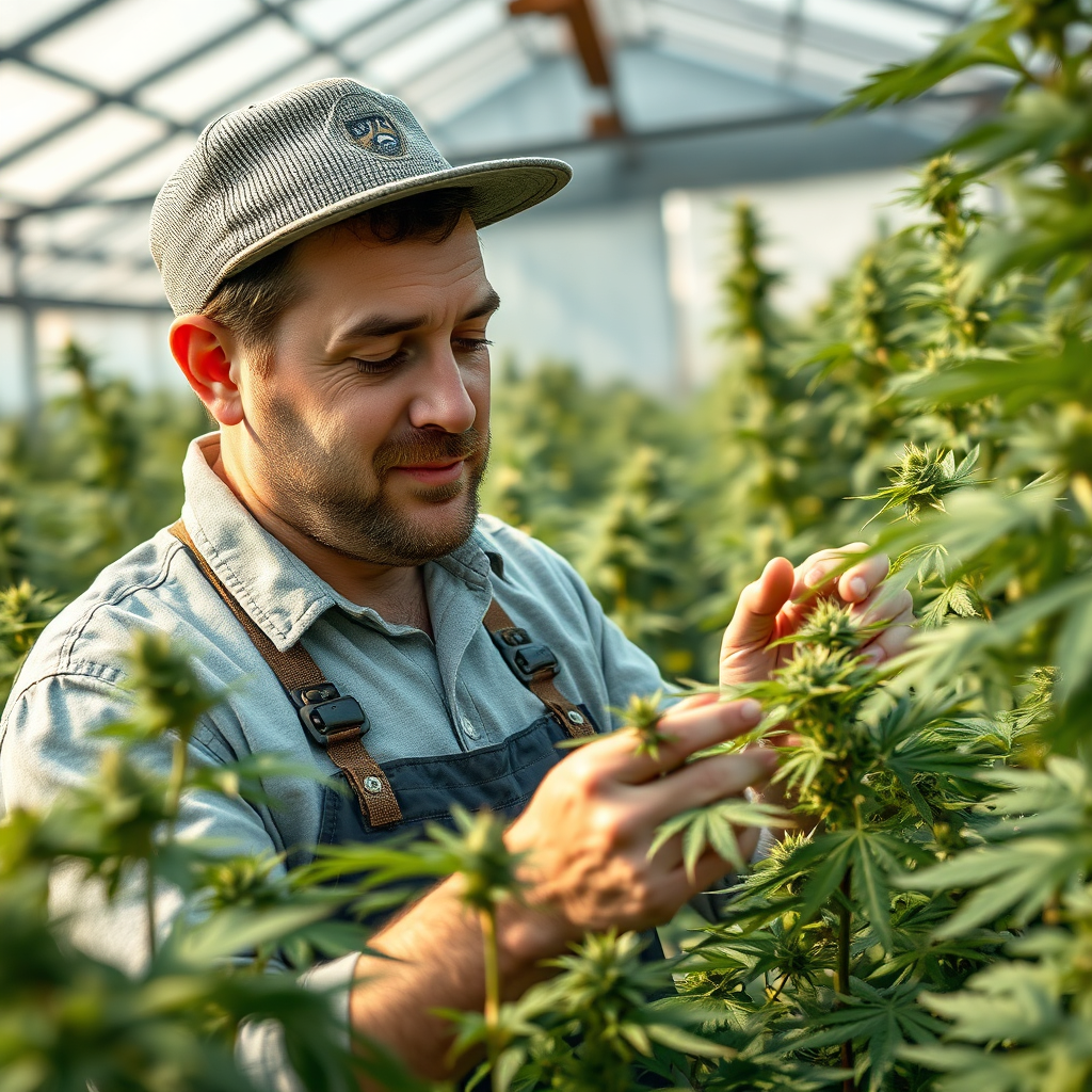 A photograph of a cannabis grower inspecting their crops in a greenhouse or outdoor setting. Focus on the grower's expression and their interaction with the plants, conveying a sense of care and concern. The lighting should be natural and warm. Technical Specs: 4K, high quality.