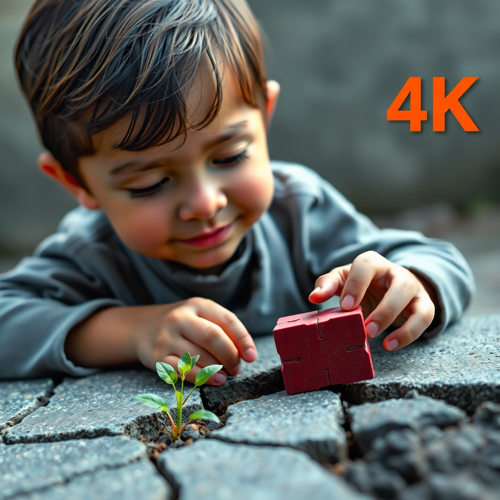 A photorealistic 4K image depicting a child working on a challenging puzzle or project. The child is focused and determined, with a positive attitude despite the difficulty. The background subtly incorporates visual cues that represent resilience, such as a seedling growing through cracked concrete. Use a vibrant and encouraging color palette, and focus on capturing the child's sense of perseverance and determination.