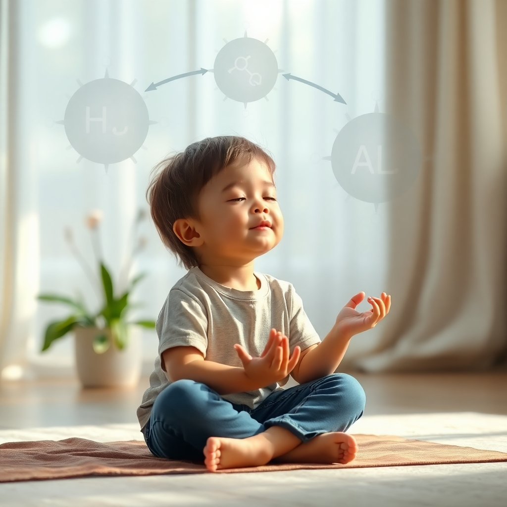 A photorealistic 4K image depicting a child practicing a calming activity, such as mindful breathing or meditation. The child is sitting peacefully in a serene environment, surrounded by soft light and natural elements. The background subtly incorporates abstract representations of stress hormones being neutralized, symbolizing the calming effect of affirmations. Use a cool and soothing color palette, and focus on capturing the child's sense of inner peace.