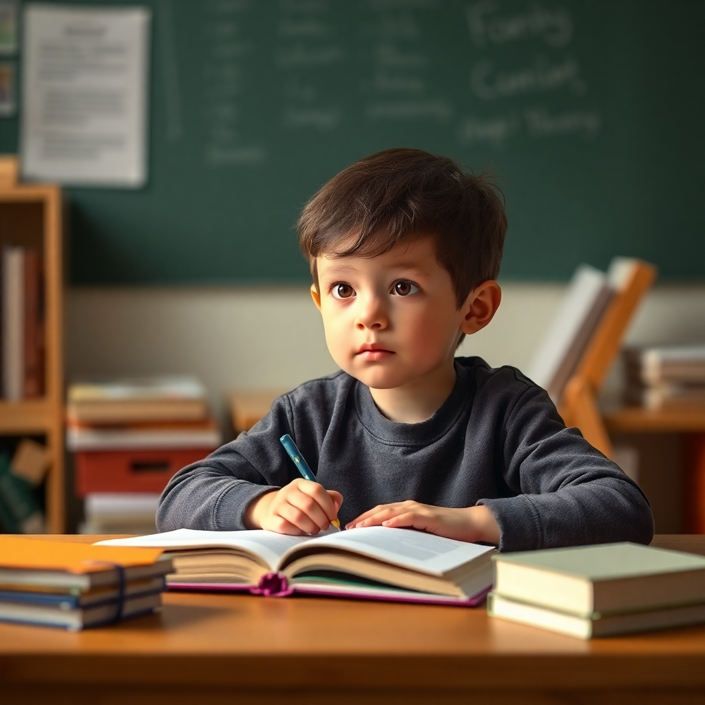A photorealistic 4K image depicting a child studying with focused attention. The child is sitting at a desk, surrounded by books and study materials, with a concentrated expression. The background subtly incorporates visual cues that represent improved focus, such as clear lines of sight and minimal distractions. Use a warm and inviting color palette, and focus on capturing the child's sense of concentration and engagement.