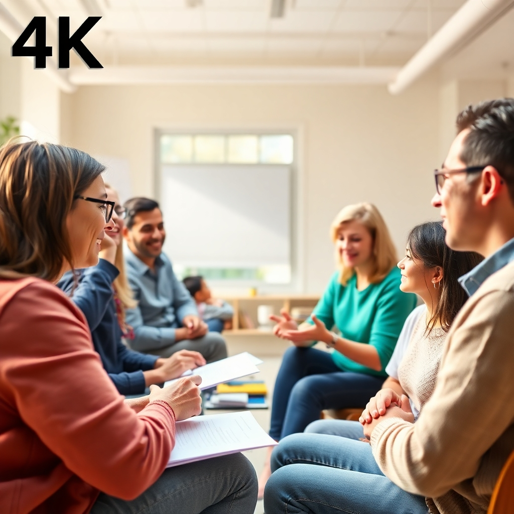 A photorealistic 4K image depicting a group of parents and educators participating in an engaging workshop. The setting is bright and welcoming, with participants actively listening, discussing, and collaborating. Use a warm and inviting color palette, and focus on capturing a sense of enthusiasm and shared learning. The image should convey the idea of practical application and empowering knowledge.