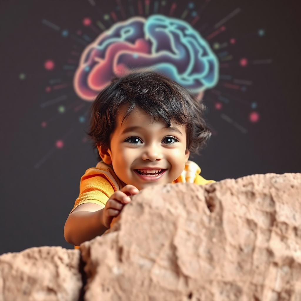 A photorealistic 4K image depicting a child overcoming a challenge, like climbing a small rock wall. The child is smiling and confident, with a determined expression. The background subtly incorporates abstract representations of brain activity, symbolizing the rewiring process. Use a warm and encouraging color palette, and focus on capturing the child's sense of accomplishment. The image should convey the idea that affirmations contribute to long-term behavior change and personal growth.
