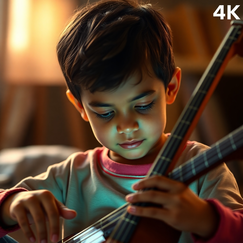 A photorealistic 4K image depicting a child pursuing a personal goal, such as practicing a musical instrument or working on an art project. The child is deeply engaged in the activity, with a passionate and determined expression. The background subtly incorporates visual cues that represent motivation, such as bright light and dynamic energy. Use a vibrant and inspiring color palette, and focus on capturing the child's sense of enthusiasm and drive.