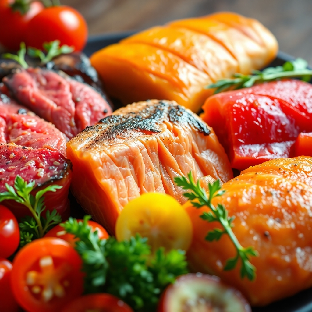 A photorealistic close-up image showcasing a variety of colorful cuts of meat (beef, salmon, chicken) rich in omega-3s, alongside vibrant, fresh vegetables.  The lighting should be bright and natural, emphasizing the juicy texture and healthy appearance of the food.  The background should be simple and clean, focusing attention on the food's quality.  The overall mood should convey health and vitality.
