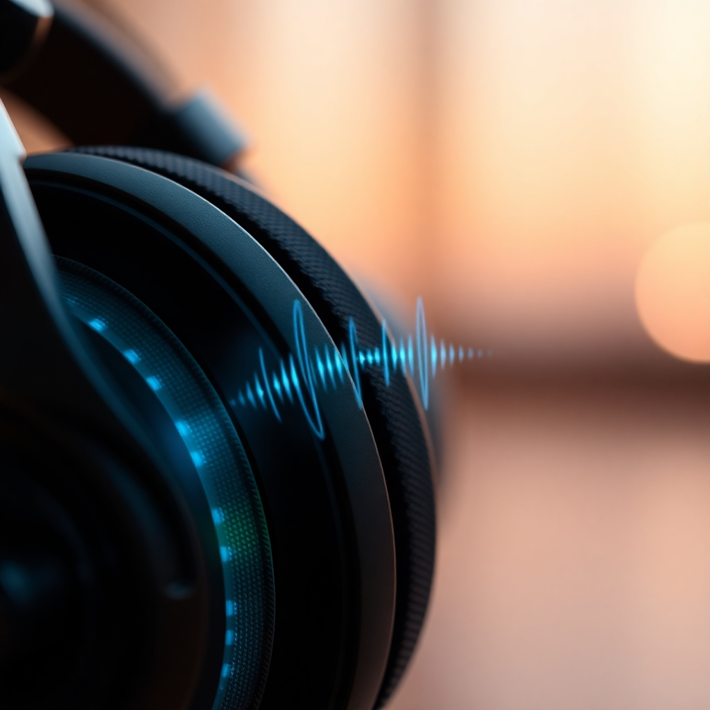 A photorealistic close-up image of headphones emitting subtle, pulsating light waves. The background is blurred and features calming colors. The focus is on the texture and design of the headphones and the visual representation of the sound waves. Style: Modern and technological. Camera angle: close-up, emphasizing the details of the headphones.