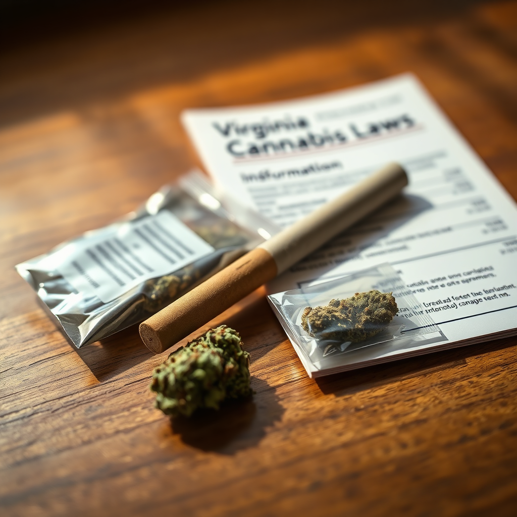 A photorealistic close-up of a neatly rolled cannabis joint and a small bag of cannabis flower resting on a wooden table. Next to them is a well-thumbed informational booklet about Virginia cannabis laws. The lighting is warm and inviting, casting soft shadows. The camera angle is slightly above, focusing on the items on the table. The overall mood is relaxed and informative, suggesting responsible cannabis consumption.