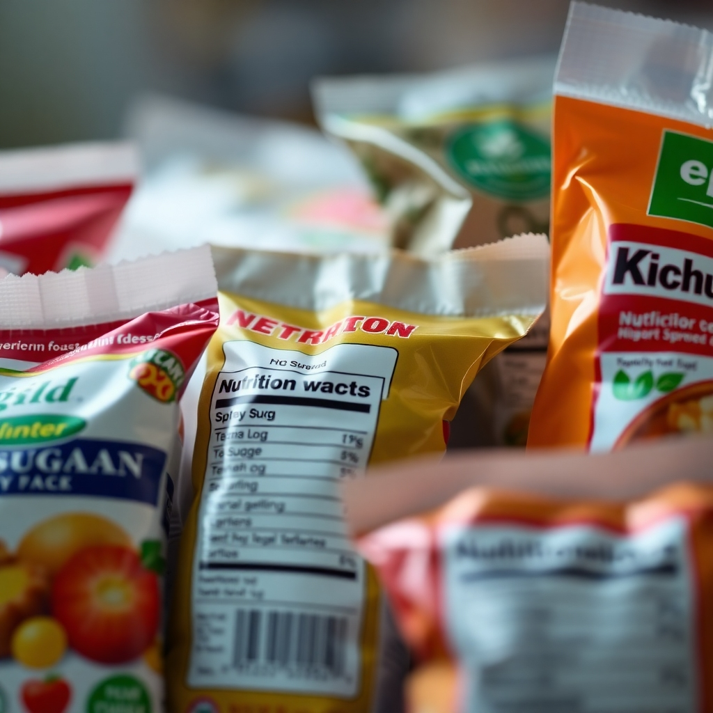 A photorealistic close-up of various processed vegan food packages, highlighting nutrition labels that show high sugar content. The background should be subtly blurred, focusing on the alarming sugar levels. The image should evoke a sense of deception and concern.