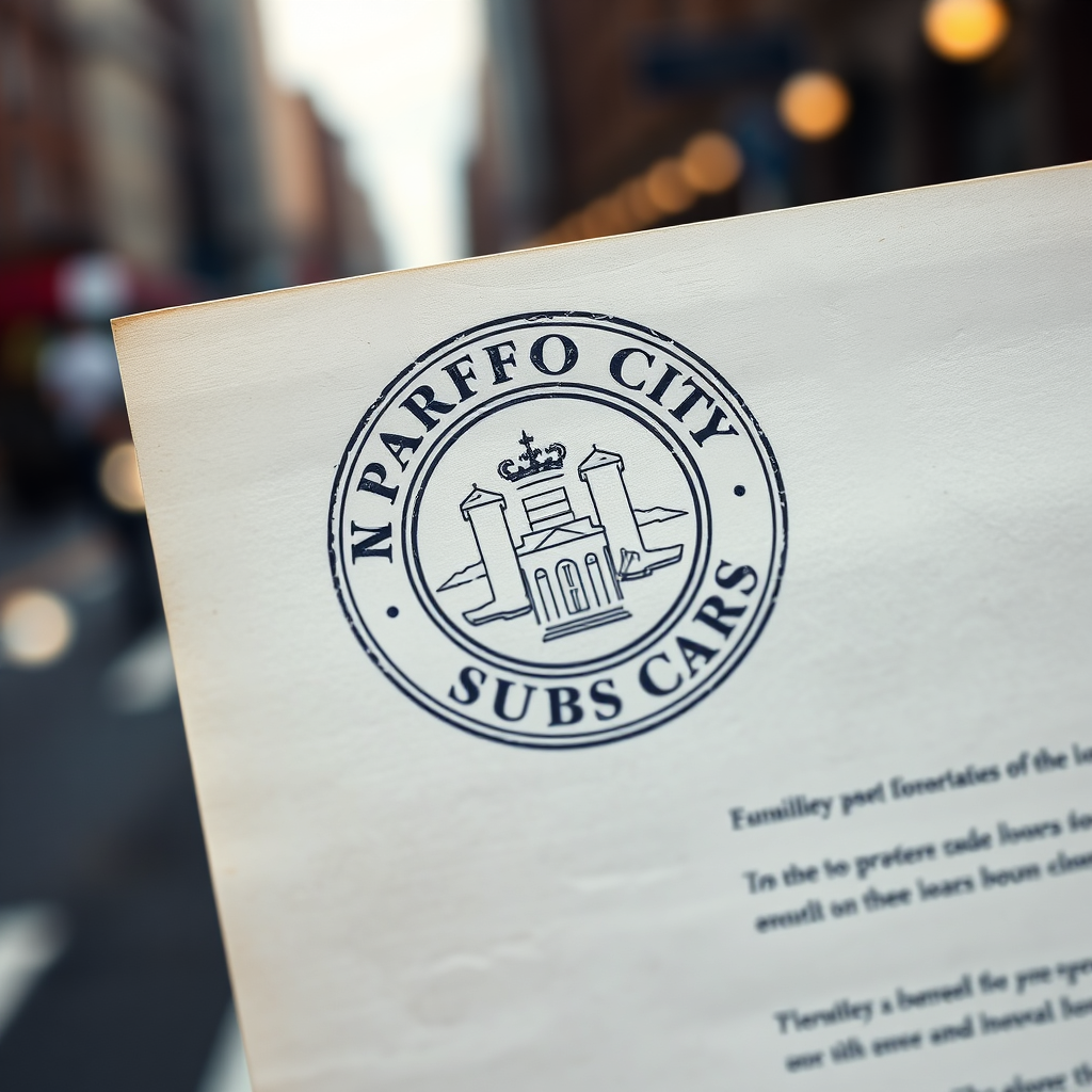 A photorealistic close-up shot of legal documents stamped with the seal of Norfolk City. The background is blurred, showcasing a bustling city street. The lighting is soft and diffused, emphasizing the official nature of the documents. Use a macro lens to capture the texture of the paper and the intricate details of the seal. The color palette should be muted, with shades of beige, gray, and a touch of blue. This image should convey authority and legitimacy.