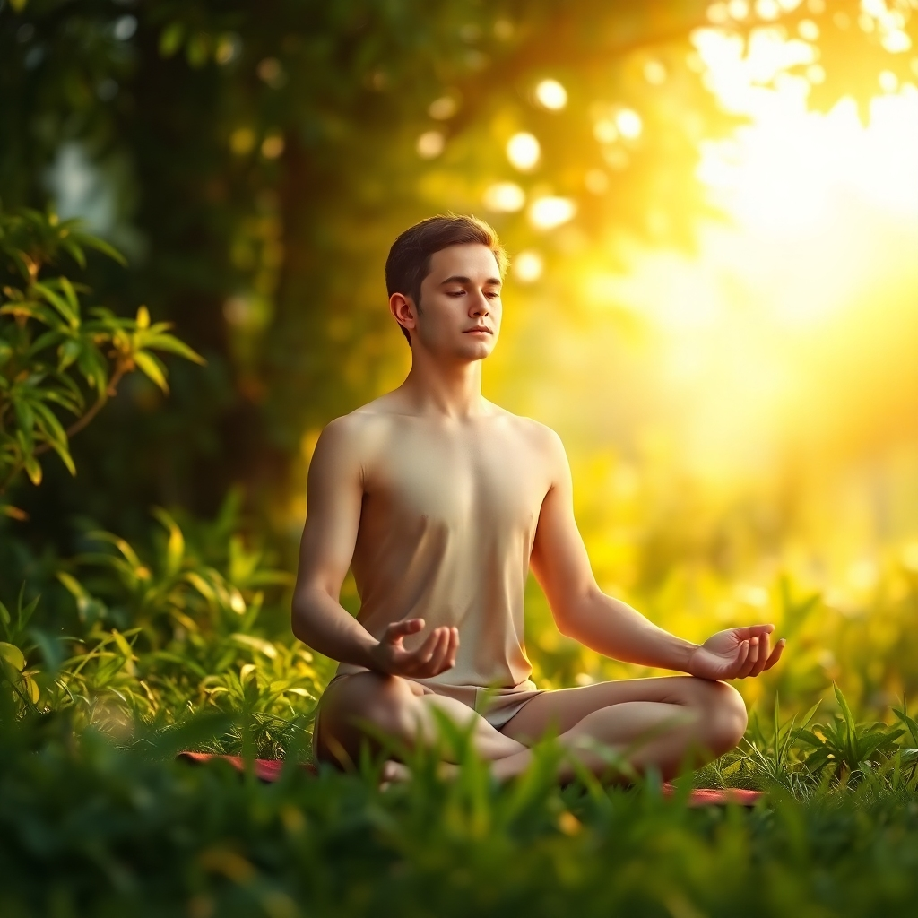 A photorealistic depiction of a person meditating in a serene, natural setting. The person is surrounded by lush greenery and bathed in soft, golden sunlight. The posture is relaxed and peaceful, reflecting a state of inner tranquility. The style is natural and calming, emphasizing the spiritual benefits of meditation. 4K resolution.